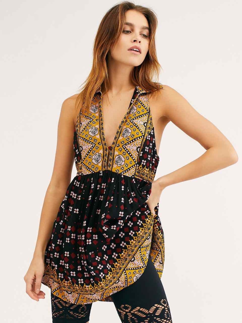 Free People Black top with Mustard Floral Trim